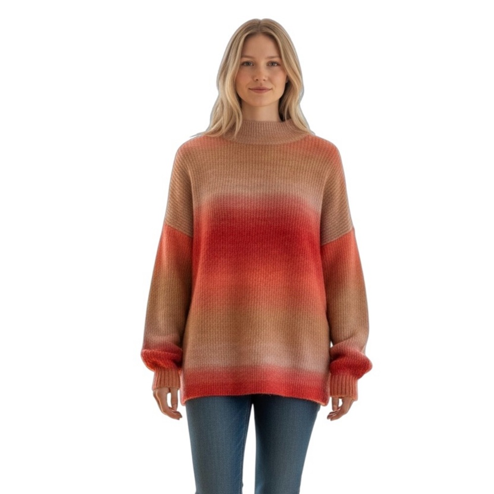 Garcia Women's Size Small Ombre Mock Neck Knit Sweater Coral Pink Beige